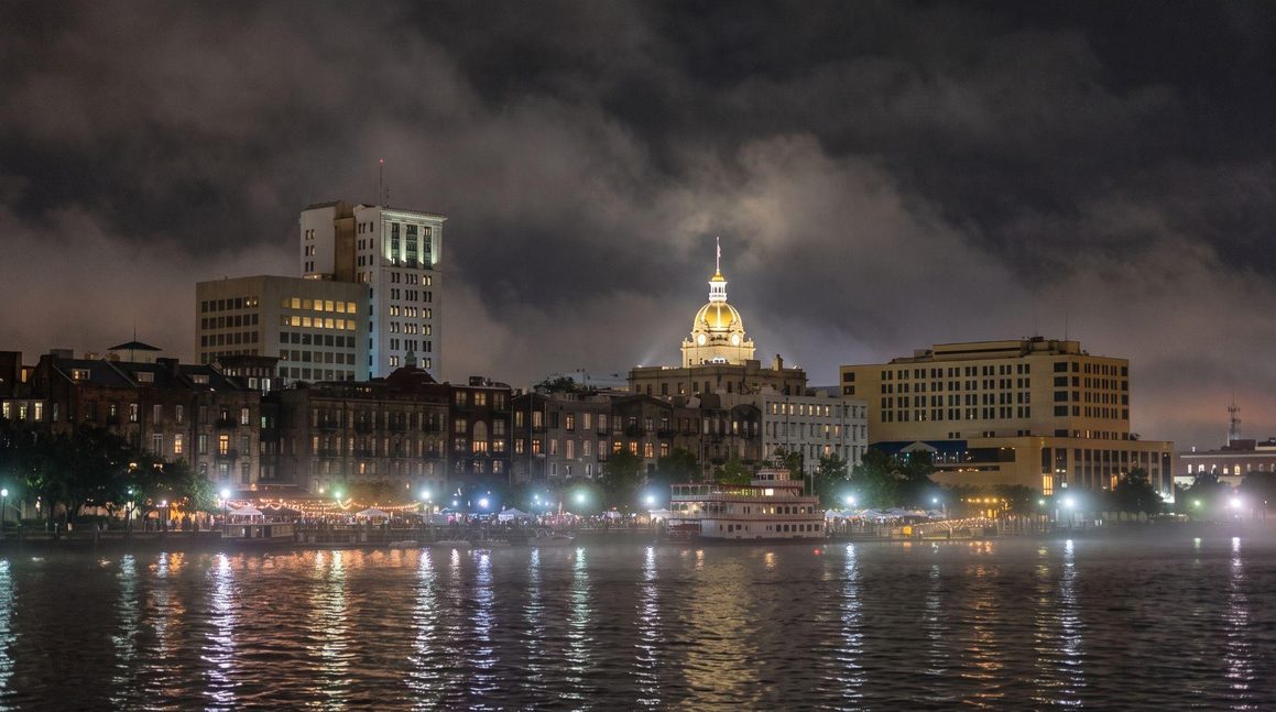 View of Savannah on a cloudy and foggy night.